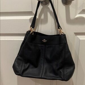 Coach Dark Navy Blue Leather Shoulder Bag with Gold Accents